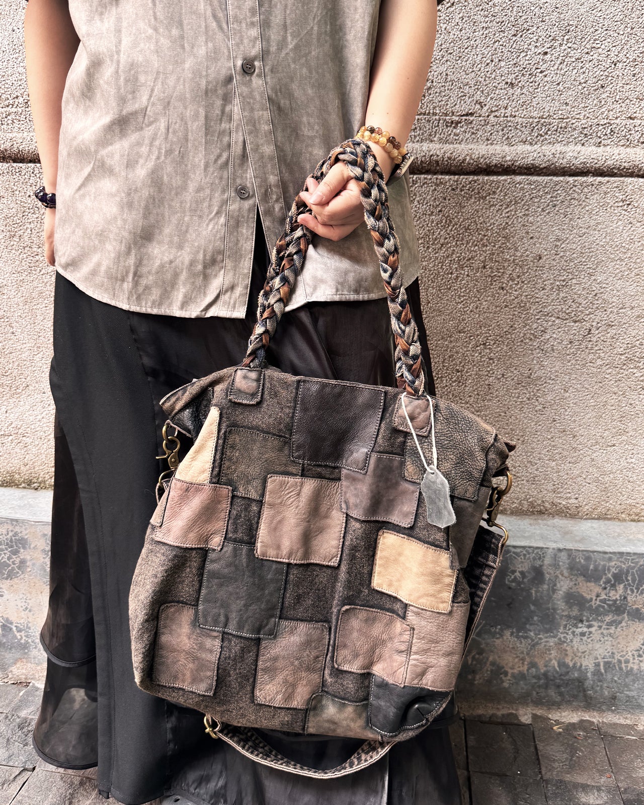 MATKEI “Ash Veil” Washed Denim Braided Handle Shoulder Crossbody Bag